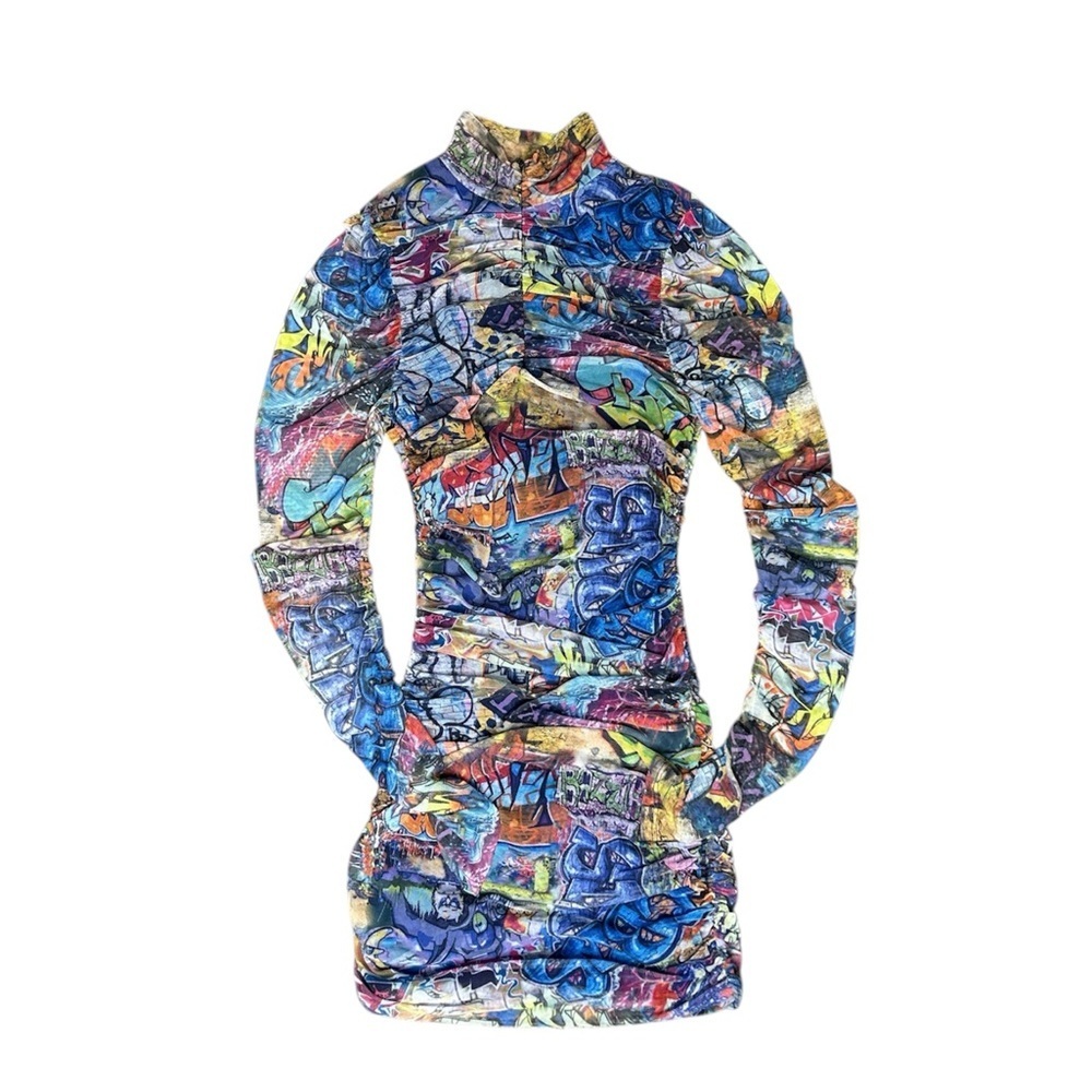 Shelly Colorful Abstract Long Sleeve Sheer Mesh Dress - Picture 12 of 12